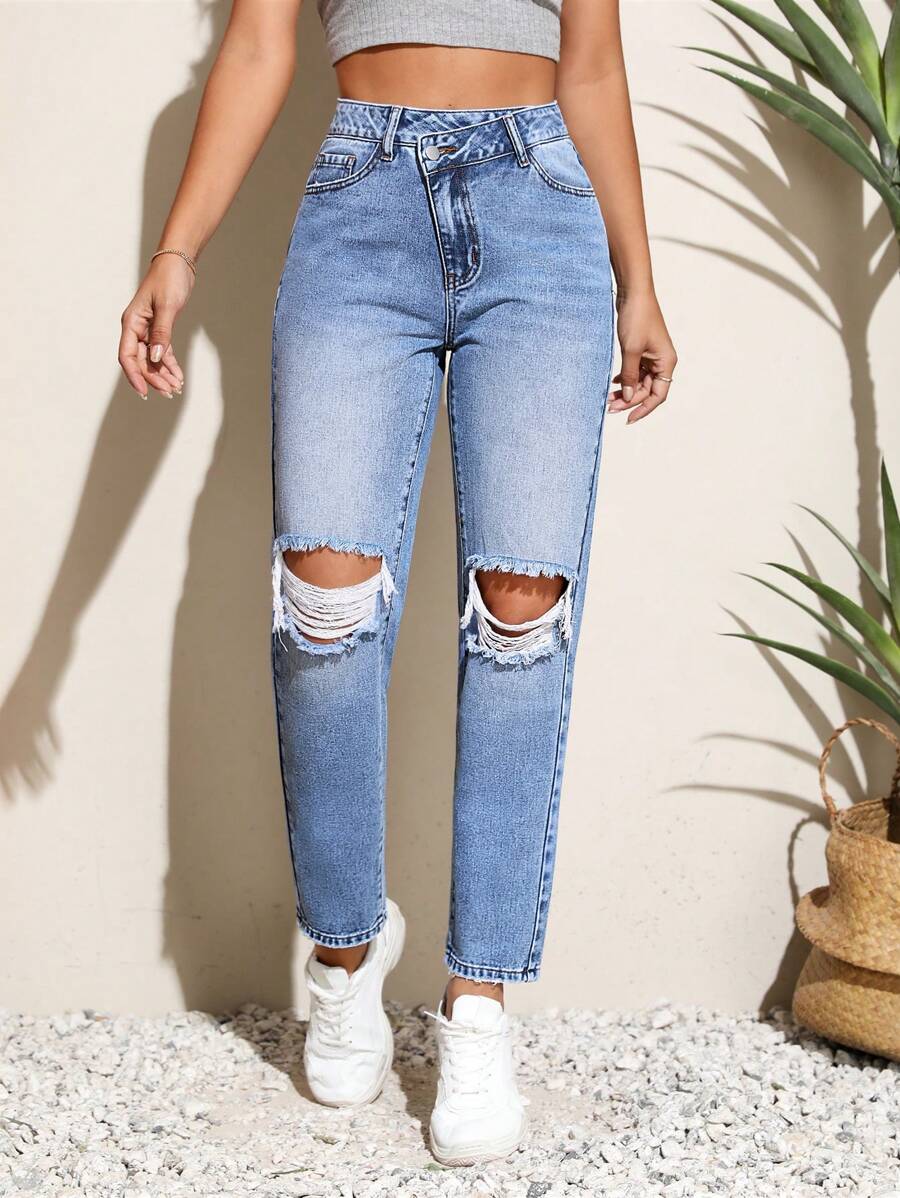 SHEIN Unity Quần jean nữ Nút Túi Bị tách Dây kéo màu trơn - Rửa nhẹ - Xem 1