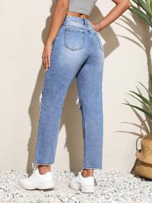 SHEIN Unity Quần jean nữ Nút Túi Bị tách Dây kéo màu trơn - Rửa nhẹ - Xem 2
