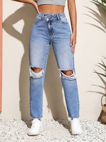 SHEIN Unity Quần jean nữ Nút Túi Bị tách Dây kéo màu trơn - Rửa nhẹ - Xem 3