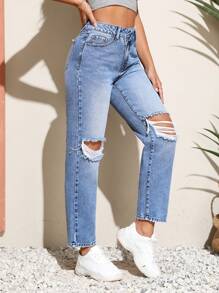 SHEIN Unity Quần jean nữ Nút Túi Bị tách Dây kéo màu trơn - Rửa nhẹ - Xem 5