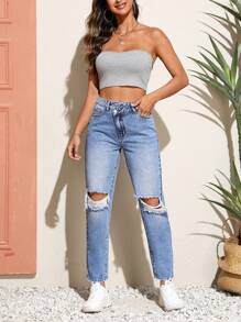 SHEIN Unity Quần jean nữ Nút Túi Bị tách Dây kéo màu trơn - Rửa nhẹ - Xem 6