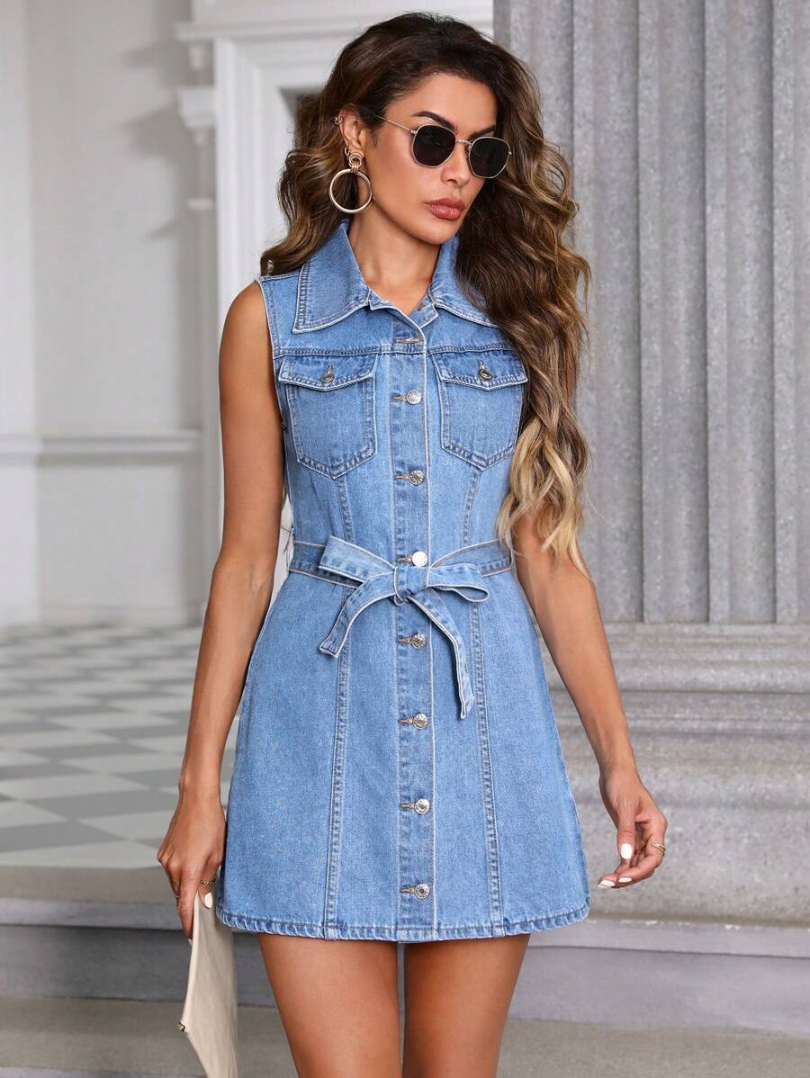 SHEIN Privé Flap Pocket Belted Denim Dress - Light Wash - View 1