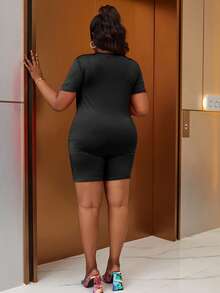 Astrid Plus Size Solid Color Short Sleeve Fitted T-Shirt + Cycling Shorts - Black - View 2
