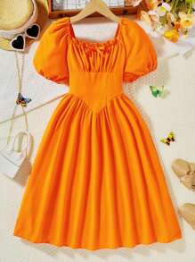 SHEIN 青少年女孩胸部褶皺泡泡袖連衣裙 - 橘色 - 查看 1