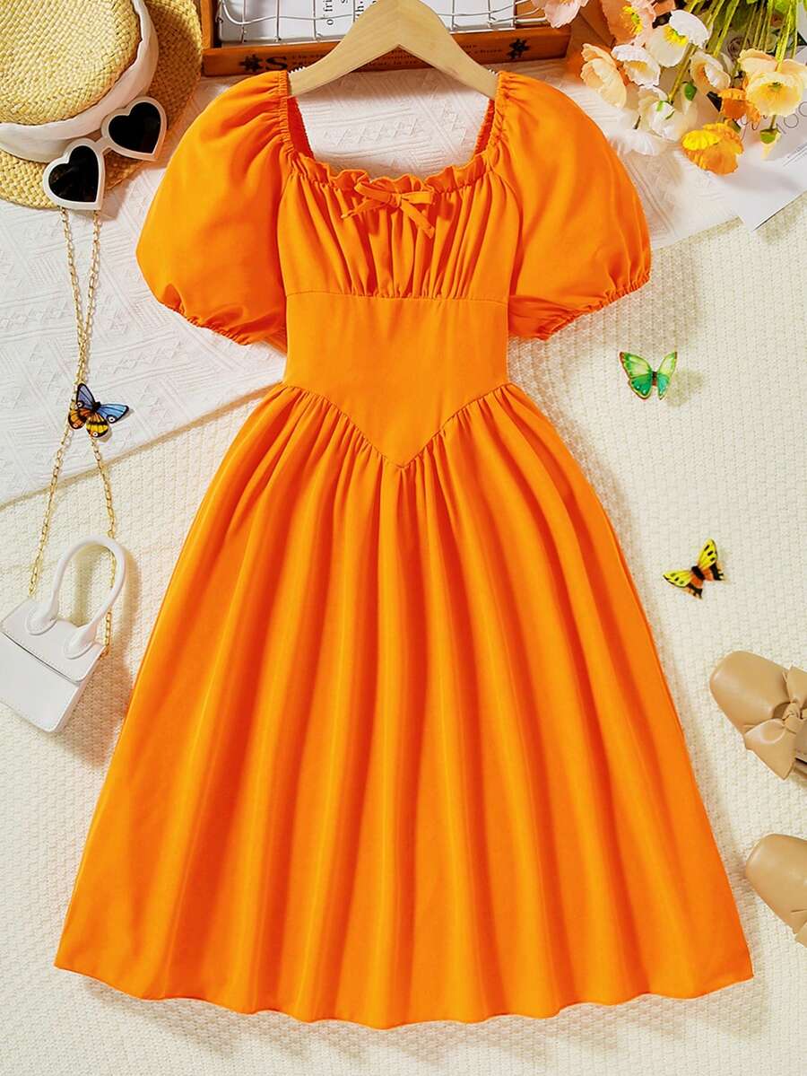 SHEIN 青少年女孩胸部褶皺泡泡袖連衣裙 - 橘色 - 查看 1