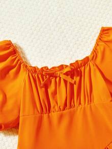 SHEIN 青少年女孩胸部褶皺泡泡袖連衣裙 - 橘色 - 查看 4