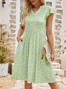 碎花缺口領蝴蝶袖洋裝 - 薄荷綠 - 查看 1
