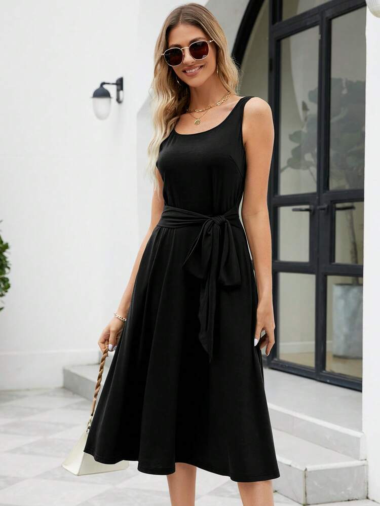 Robe Trapèze Unicolore Ceinturé - Noir - Voir 3