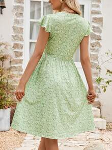 碎花缺口領蝴蝶袖洋裝 - 薄荷綠 - 查看 2