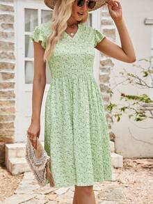 碎花缺口領蝴蝶袖洋裝 - 薄荷綠 - 查看 3