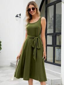 Solid Tie Front A-line Dress - Army Green - View 3