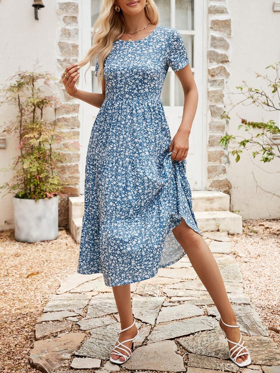 碎花荷葉邊連衣裙 - 藍色 - 查看 1