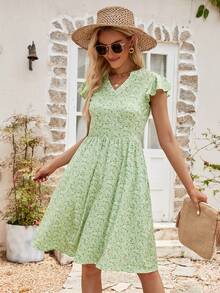 碎花缺口領蝴蝶袖洋裝 - 薄荷綠 - 查看 5