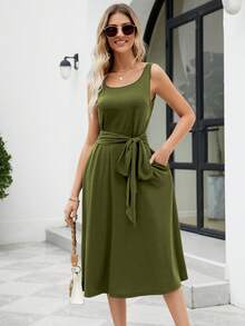 Solid Tie Front A-line Dress - Army Green - View 5