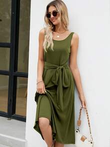 Solid Tie Front A-line Dress - Army Green - View 6