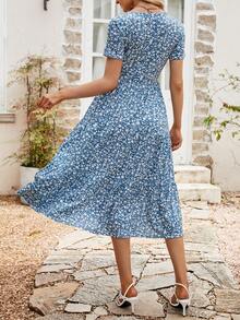 碎花荷葉邊連衣裙 - 藍色 - 查看 2