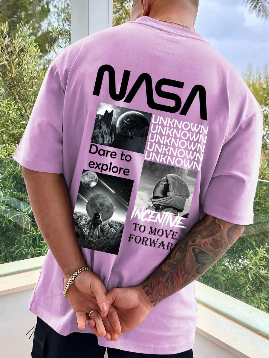 Manfinity Hypemode 男士宇航員和標語圖案T恤 - 紫丁香色 - 查看 1