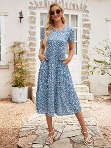 碎花荷葉邊連衣裙 - 藍色 - 查看 4