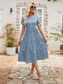 碎花荷葉邊連衣裙 - 藍色 - 查看 5