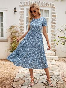 碎花荷葉邊連衣裙 - 藍色 - 查看 6