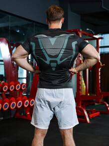 Manfinity Fitness Hombres Camiseta deportiva con estampado geométrico - Negro - Ver 1