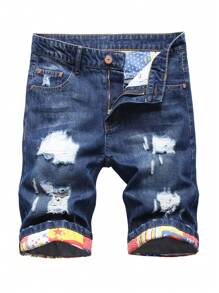 Bermuda en denim déchiré et effiloché avec braguette à fermeture éclair pour homme - Jean brut - Voir 1