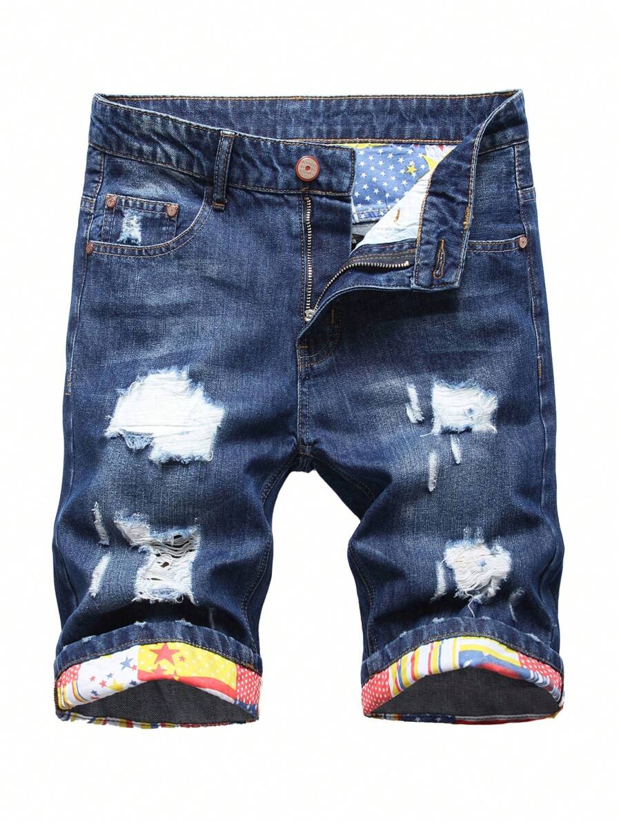 Bermuda en denim déchiré et effiloché avec braguette à fermeture éclair pour homme - Jean brut - Voir 1