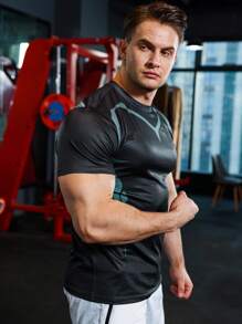 Manfinity Fitness Hombres Camiseta deportiva con estampado geométrico - Negro - Ver 3