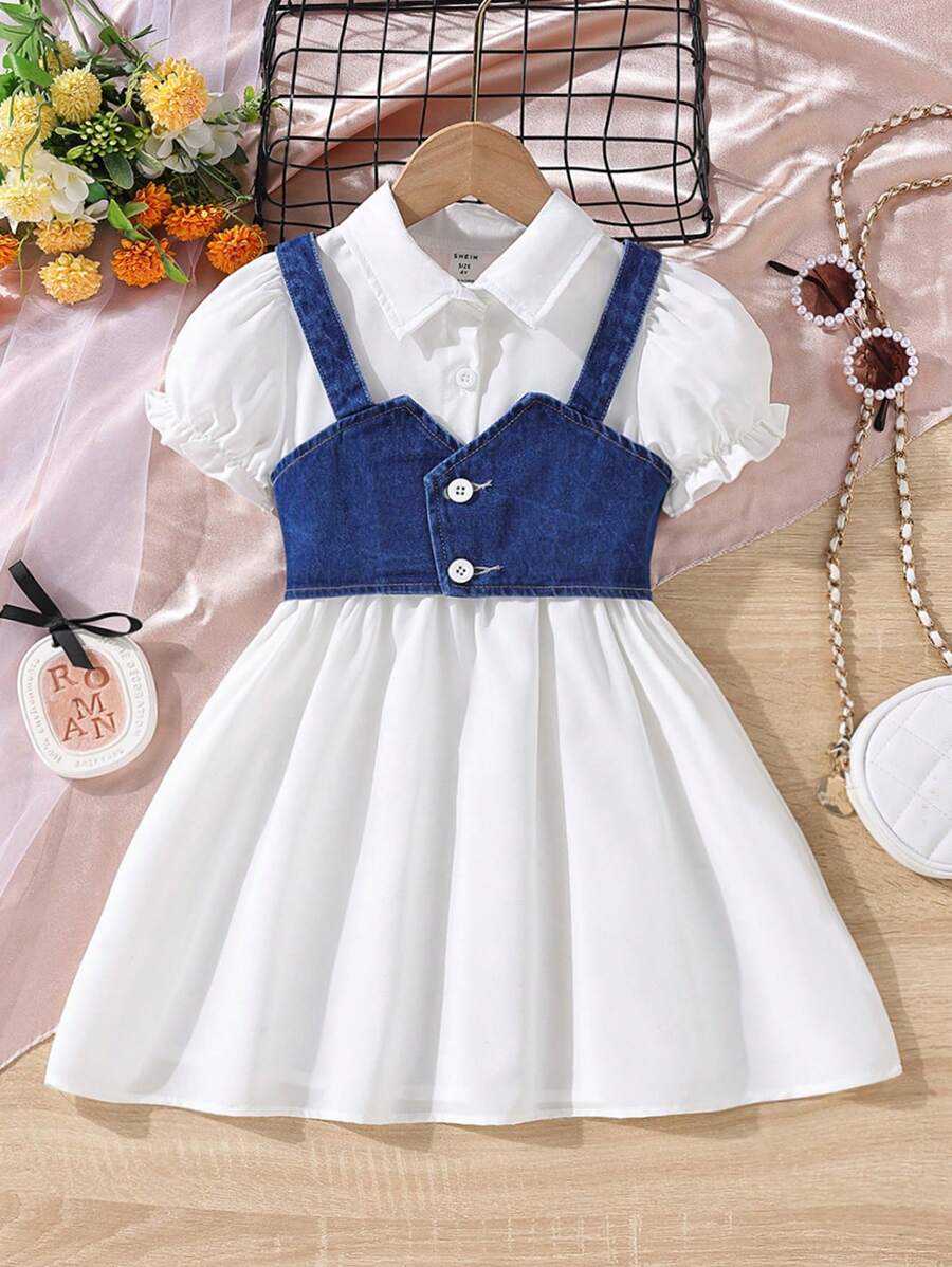 SHEIN 小女童泡泡袖襯衫洋裝和前紐扣吊帶上衣套裝 - 藍白色 - 查看 1
