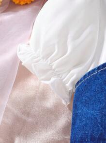 SHEIN 小女童泡泡袖襯衫洋裝和前紐扣吊帶上衣套裝 - 藍白色 - 查看 3
