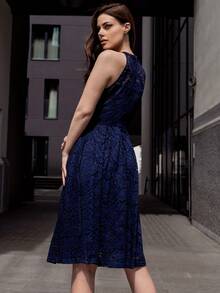 MIUSOL Solid Lace Halter Cocktail Party Swing Dress - Navy Blue - View 3