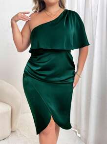 Celure 大碼單肩鬱金香下擺緞面洋裝 - 墨綠色 - 查看 1