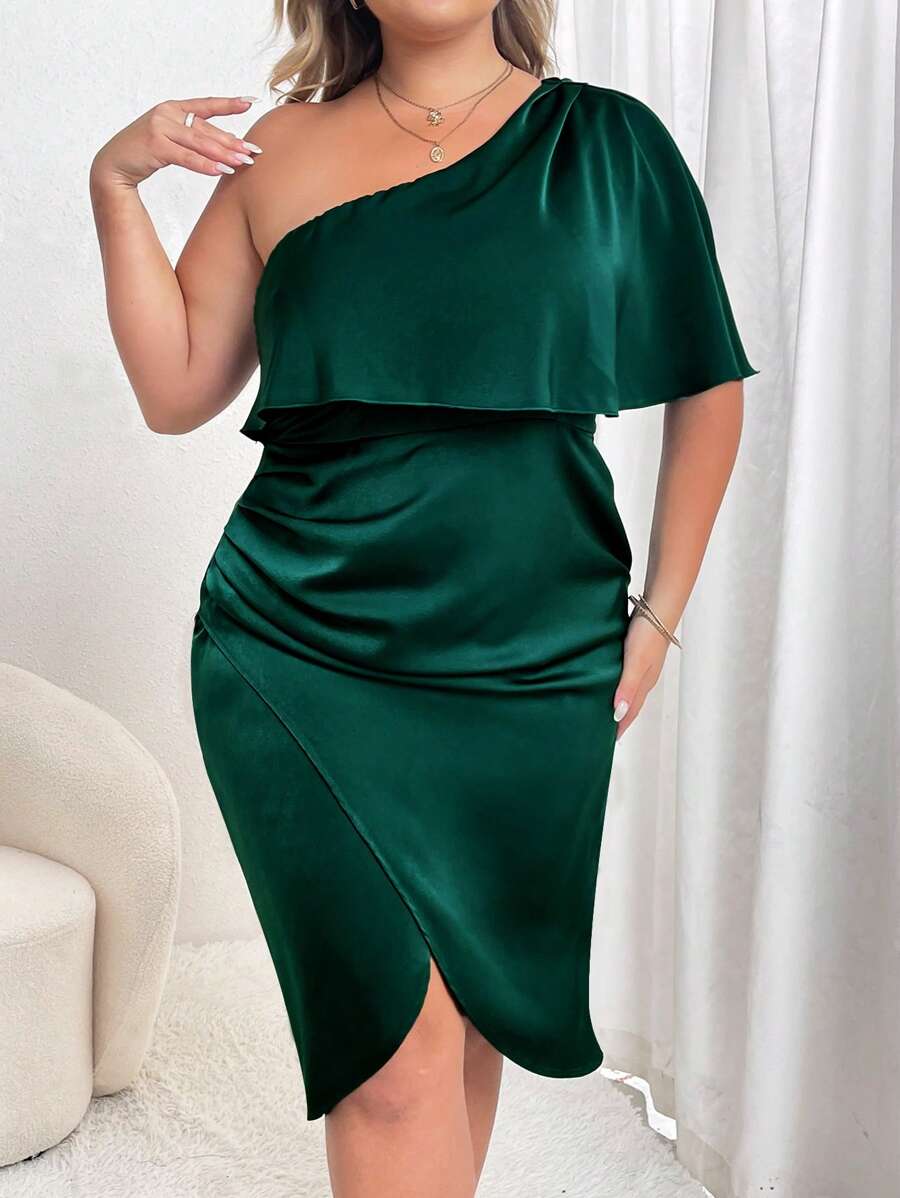 Celure 大碼單肩鬱金香下擺緞面洋裝 - 墨綠色 - 查看 1