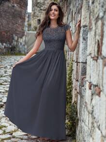 MIUSOL Floral Lace Short Sleeve Chiffon Satin Waist Formal Party Maxi Dress, Elegant Women's Party Gown, Ball Gown, Wedding Guest Dress, Graduation Ceremony Dress, Evening Gown - Grey - View 2