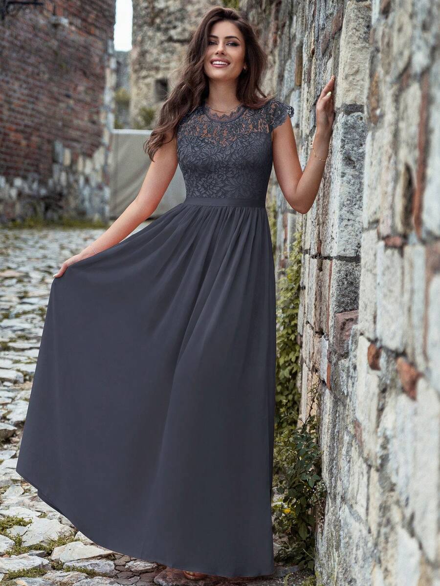 MIUSOL Floral Lace Short Sleeve Chiffon Satin Waist Formal Party Maxi Dress, Elegant Women's Party Gown, Ball Gown, Wedding Guest Dress, Graduation Ceremony Dress, Evening Gown