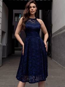 MIUSOL Solid Lace Halter Cocktail Party Swing Dress - Navy Blue - View 4