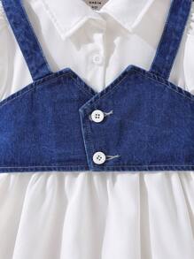 SHEIN 小女童泡泡袖襯衫洋裝和前紐扣吊帶上衣套裝 - 藍白色 - 查看 6