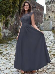 MIUSOL Floral Lace Short Sleeve Chiffon Satin Waist Formal Party Maxi Dress, Elegant Women's Party Gown, Ball Gown, Wedding Guest Dress, Graduation Ceremony Dress, Evening Gown - Grey - View 4