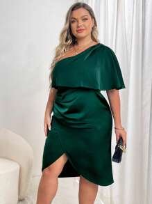 Celure 大碼單肩鬱金香下擺緞面洋裝 - 墨綠色 - 查看 4