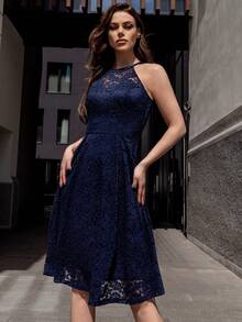 MIUSOL Solid Lace Halter Cocktail Party Swing Dress - Navy Blue - View 7
