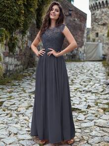MIUSOL Floral Lace Short Sleeve Chiffon Satin Waist Formal Party Maxi Dress, Elegant Women's Party Gown, Ball Gown, Wedding Guest Dress, Graduation Ceremony Dress, Evening Gown - Grey - View 5