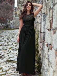 MIUSOL 花卉蕾絲上身絲帶腰舞會連衣裙 - 黑色 - 查看 5