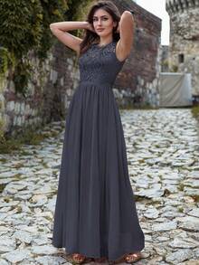 MIUSOL Floral Lace Short Sleeve Chiffon Satin Waist Formal Party Maxi Dress, Elegant Women's Party Gown, Ball Gown, Wedding Guest Dress, Graduation Ceremony Dress, Evening Gown - Grey - View 7