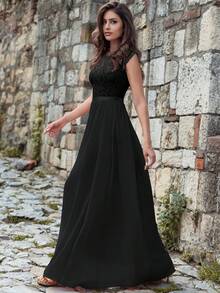 MIUSOL 花卉蕾絲上身絲帶腰舞會連衣裙 - 黑色 - 查看 7