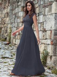 MIUSOL Floral Lace Short Sleeve Chiffon Satin Waist Formal Party Maxi Dress, Elegant Women's Party Gown, Ball Gown, Wedding Guest Dress, Graduation Ceremony Dress, Evening Gown - Grey - View 8