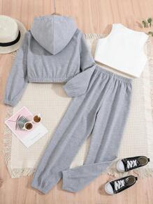 SHEIN Camiseta De Tirantes Sólida Para Niña Preadolescente Y Sudadera Con Capucha Y Pantalones De Chándal - Multicolor - Ver 2