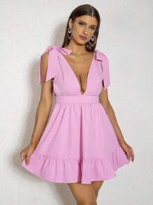 D&M Plunge Neck Tie Shoulder Ruffle Hem Dress - Pink - View 1