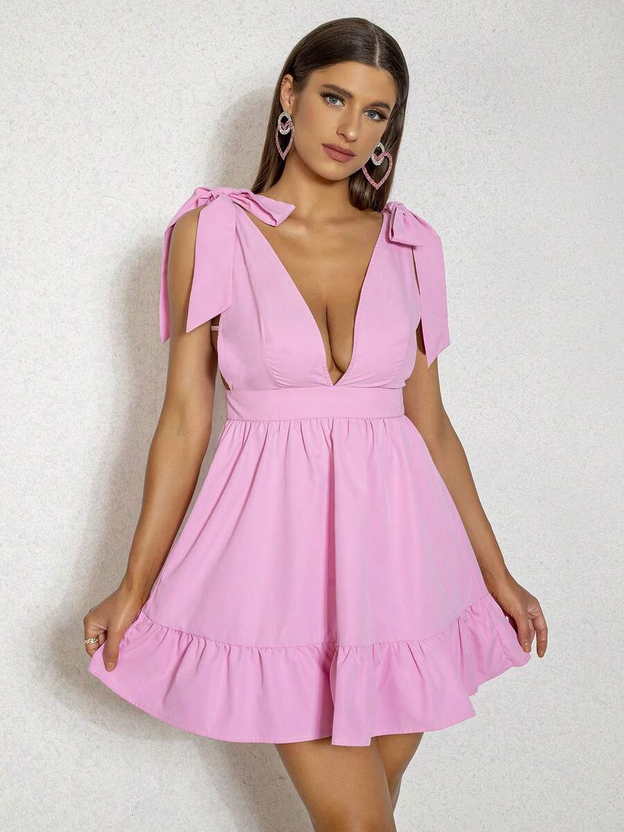 D&M Plunge Neck Tie Shoulder Ruffle Hem Dress - Pink - View 1