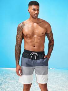 ZELFYO 男士泳裤，腰部有安全口袋，轻盈四向拉伸，横条纹设计，撞色设计，适合海滩度假，适合健身或街头穿着，多色面料，无弹力衬里，夏威夷风情 - 彩色 - 查看 5