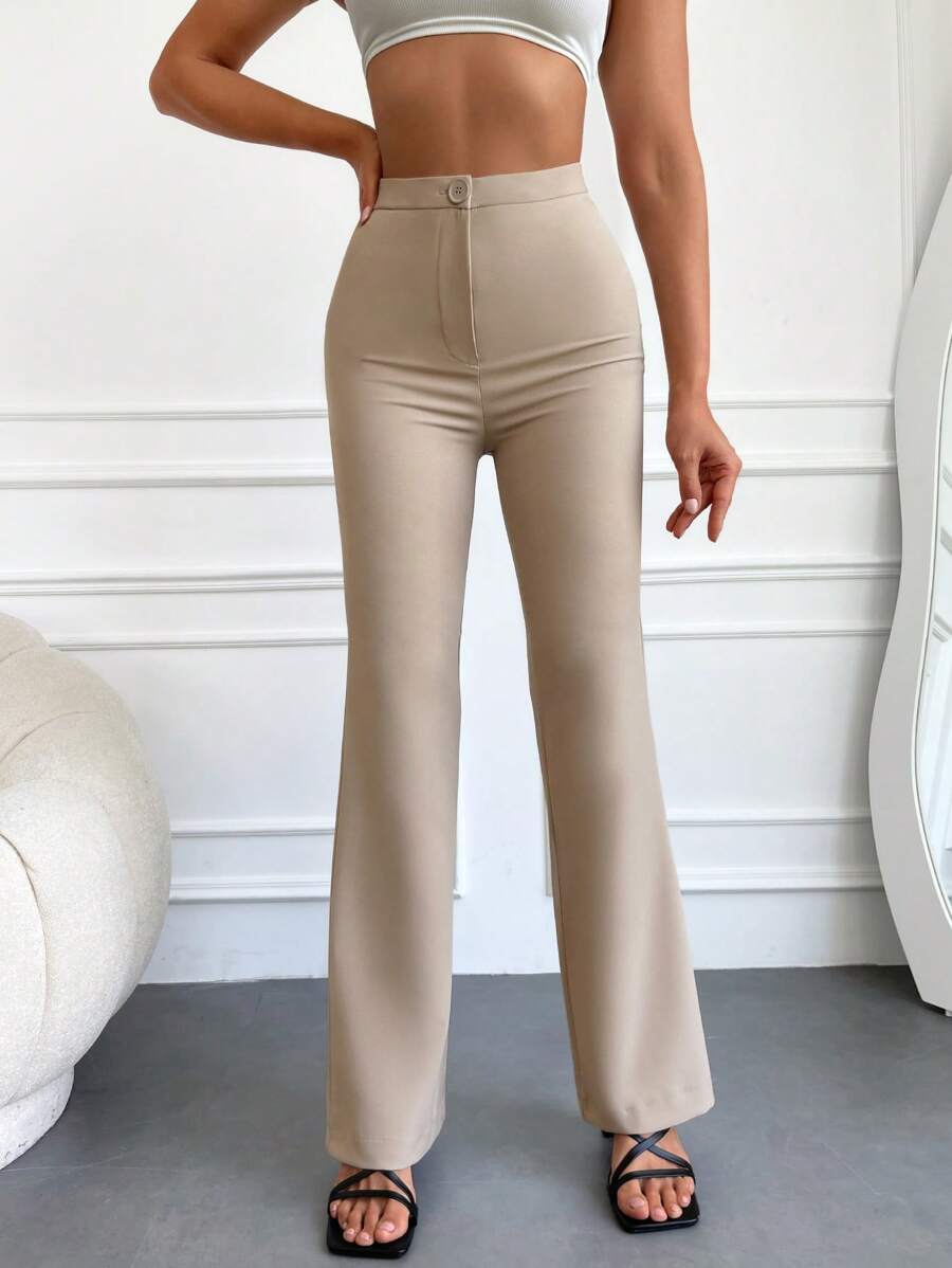RueChic High Waist Flare Leg Trousers - Apricot - View 1